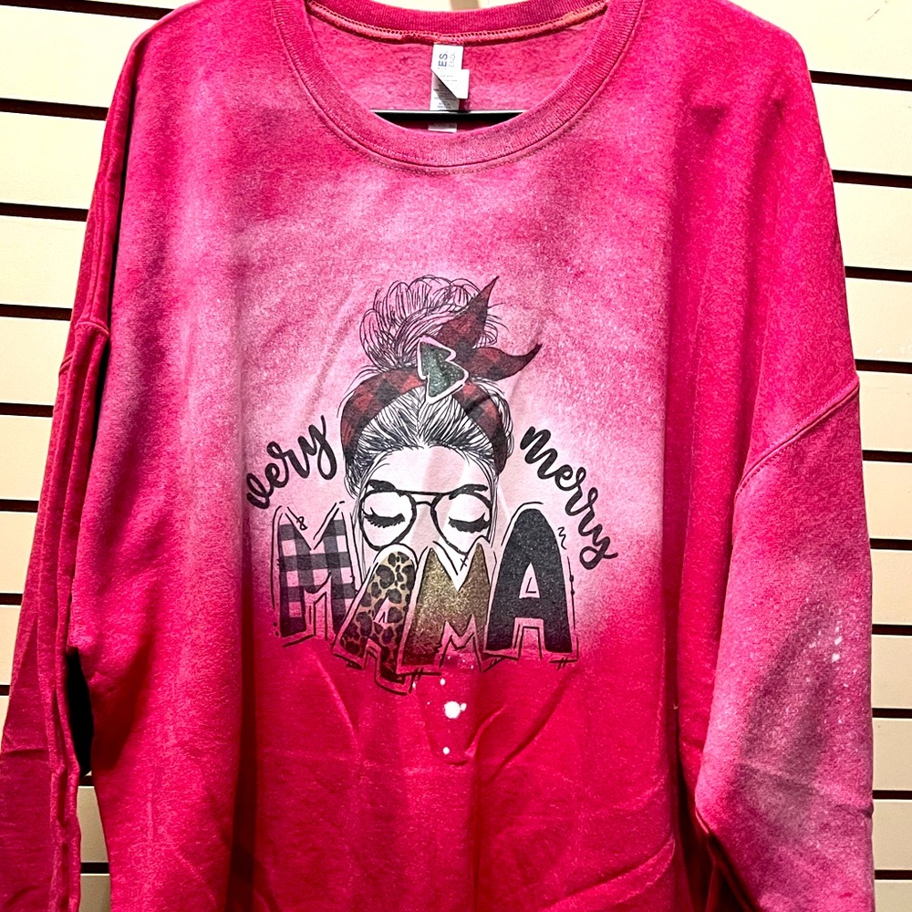 2XL Custom “Very Merry Mama” Bleached Crewneck Sweatshirt Jerzees Nublend